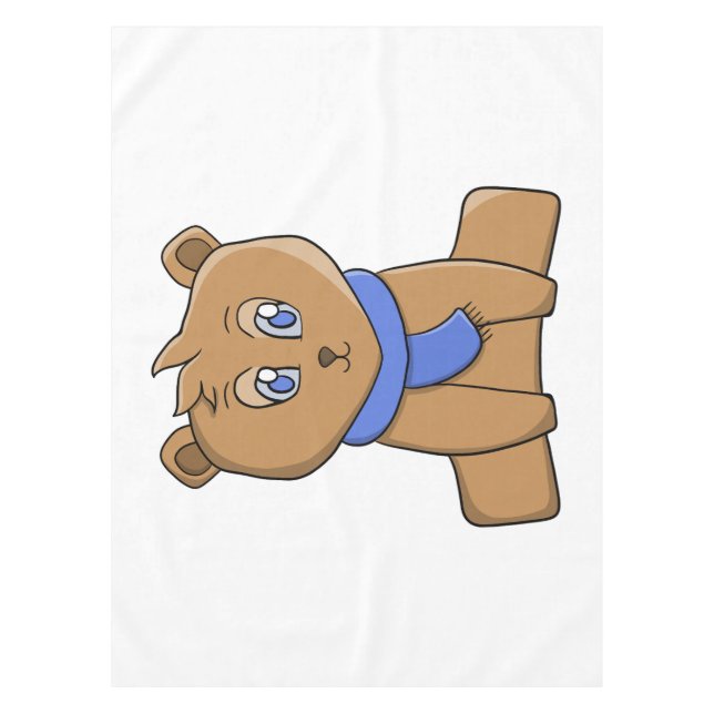 Teddy bear wearing a blue scarf tablecloth (Front)