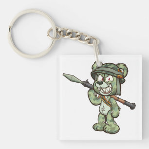 teddy bear wearing a military helmet and holding a key ring