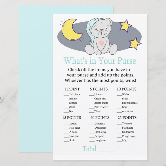 Teddy bear What's in your purse game (Front/Back)