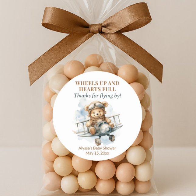 Teddy Bear Wheels Up Hearts Full Classic Round Sticker (Wheels up baby shower favor bag sticker)