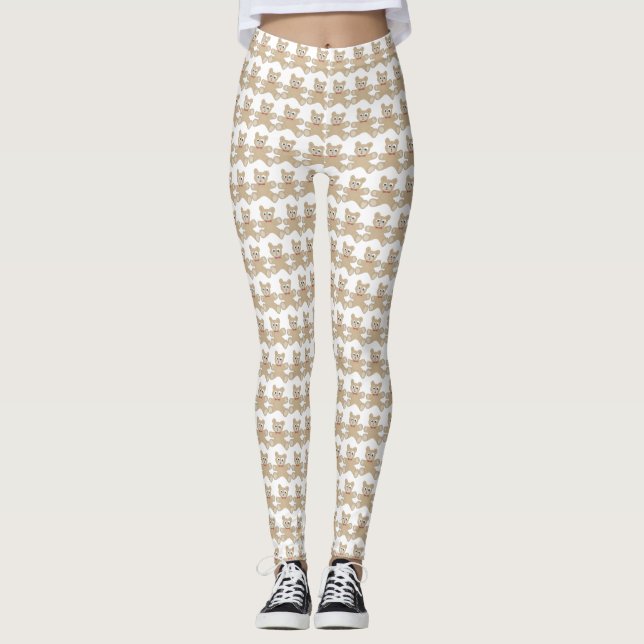 Teddy Bear White Fun Pattern Leggings (Front)