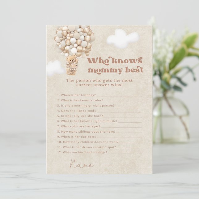 Teddy Bear Who Knows Mummy Best Baby Shower Game Invitation (Standing Front)