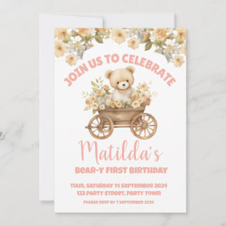Teddy Bear Wildflower Floral Birthday Invitation
