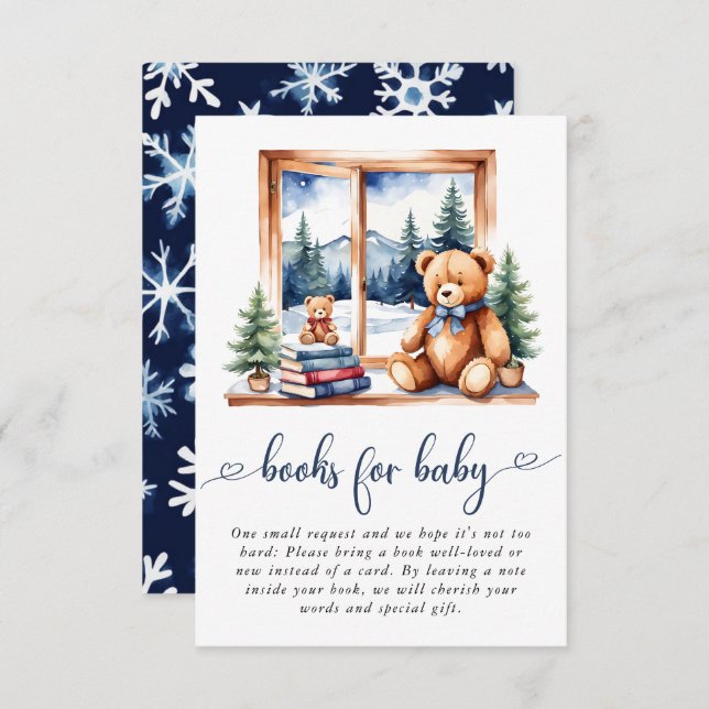 Teddy Bear Winter Boy Baby Shower Books For Baby Enclosure Card (Front/Back)