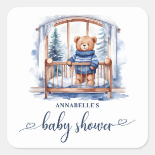 Teddy Bear Winter Boy Baby Shower Square Sticker