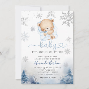 Teddy Bear Winter snowflakes Blue Boy Baby shower Invitation