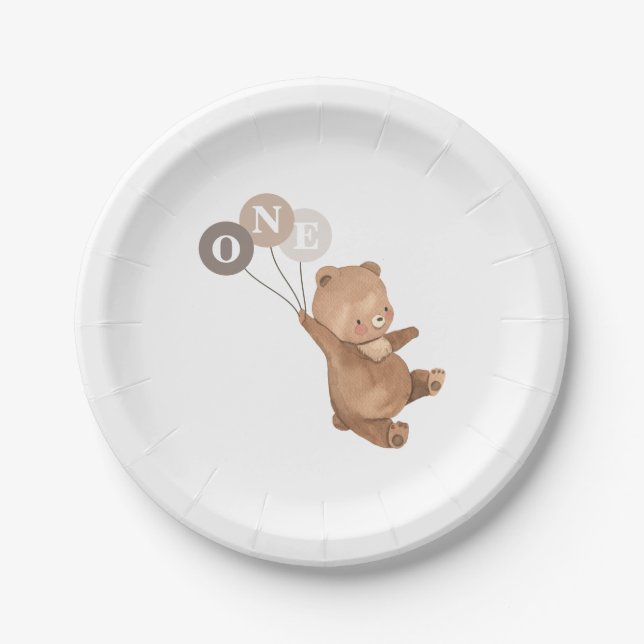 Teddy Bear with 3 Brown Balloons Paper Plate (Front)
