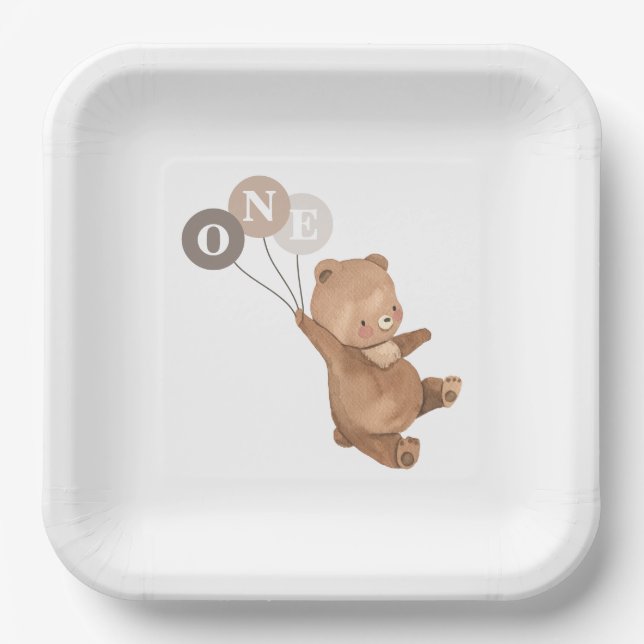 Teddy Bear with 3 Brown Balloons Paper Plates (Front)