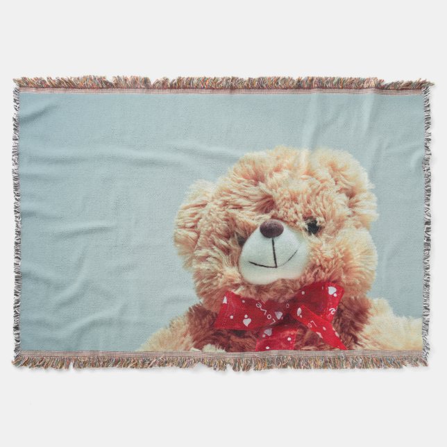 Teddy Bear with a Red Bow Throw Blanket (Front)