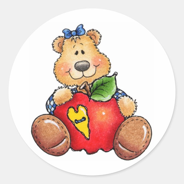 Teddy Bear with Apple Classic Round Sticker (Front)