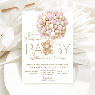 Teddy Bear with Balloon Minimal Baby Girl Shower Invitation