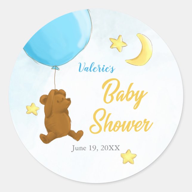 Teddy bear with balloons baby shower classic round sticker (Front)
