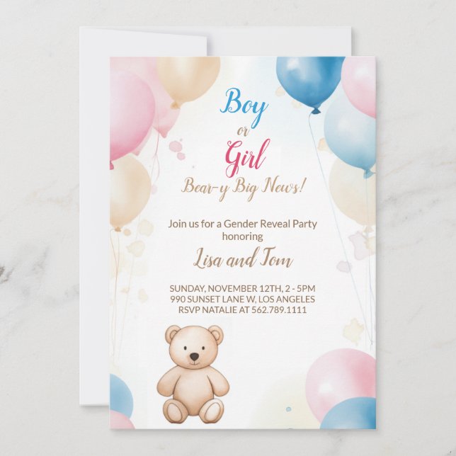 Teddy Bear with Balloons Baby Shower Gender Reveal Invitation (Front)