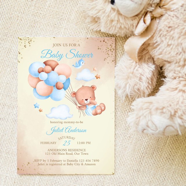 Teddy bear with balloons baby shower invitation (Creator Uploaded)