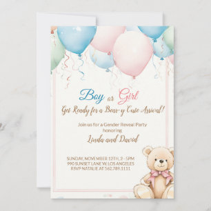 Teddy Bear with Balloons Baby Shower Reveal In Invitation