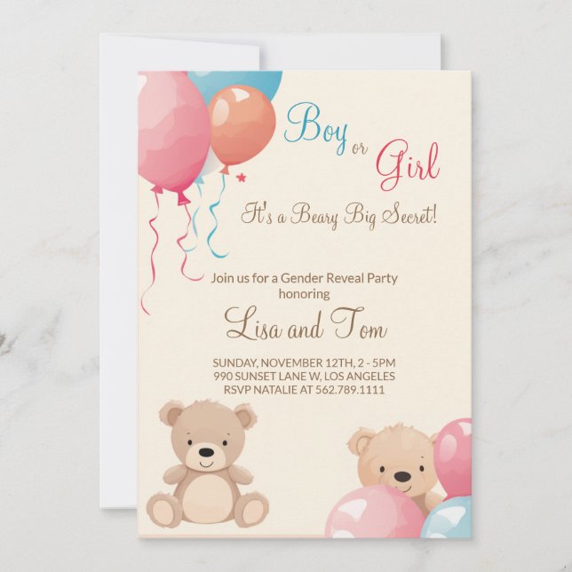 Teddy Bear with Balloons Boy or Girl Gender Reveal Invitation (Front)