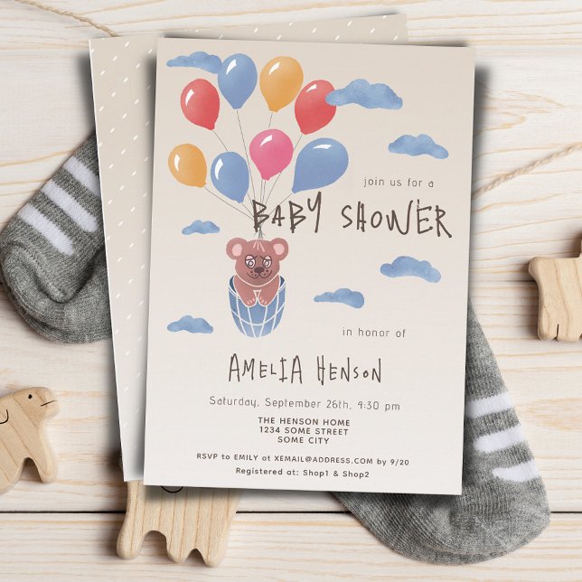 Teddy Bear with Balloons Drawing Baby Shower Invitation (Creator Uploaded)