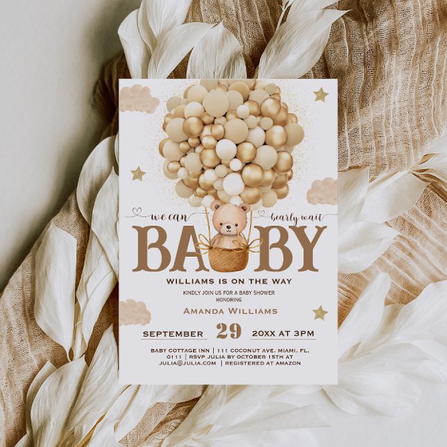 Teddy Bear With Balloons Gold Neutral Baby Shower Invitation (Creator Uploaded)