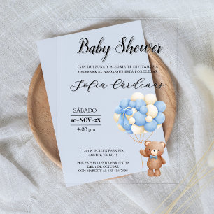 Teddy Bear With Balloons Spanish Baby Shower White Acrylic Invitations