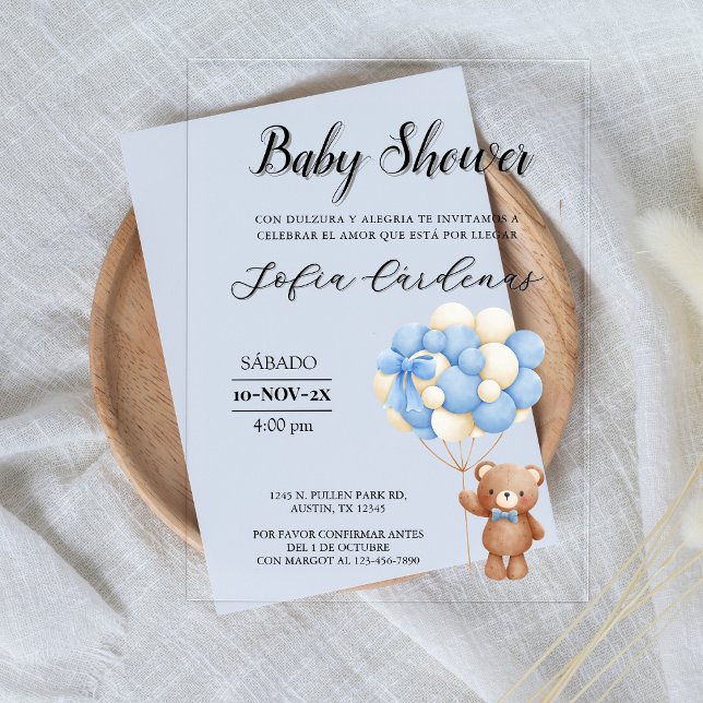 Teddy Bear With Balloons Spanish Baby Shower White Acrylic Invitations (Teddy Bear With Balloons Spanish Baby Shower White Acrylic Invitations)