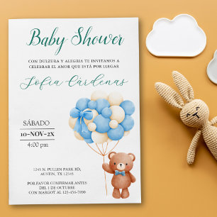 Teddy Bear With Balloons Spanish Baby Shower White Invitation