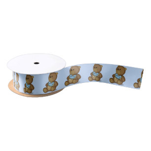 Teddy Bear with Bib on Blue Satin Ribbon