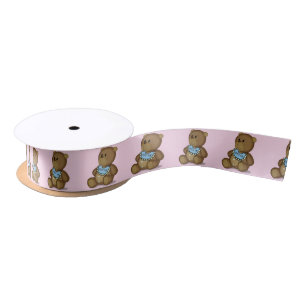Teddy Bear with Bib on Pink Satin Ribbon