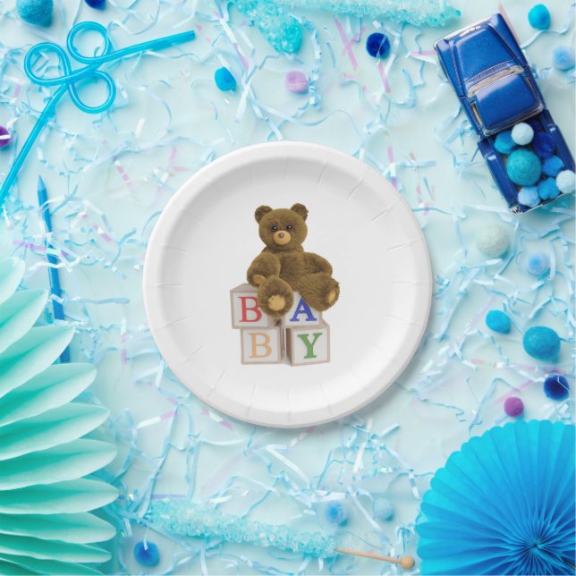 Teddy Bear with Blocks Baby Shower Paper Plate (Party)