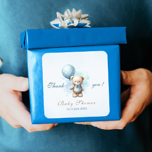 Teddy Bear with Blue Balloon Baby Boy Shower Square Sticker
