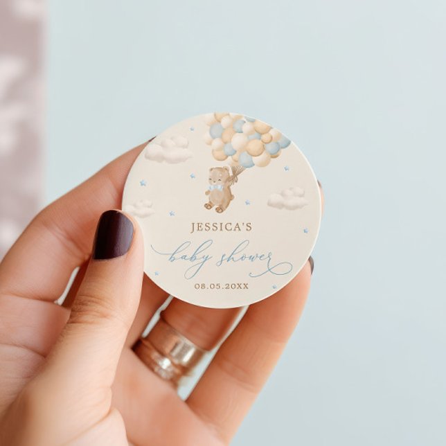 Teddy Bear with Blue Balloons Baby Shower Classic Round Sticker (Creator Uploaded)