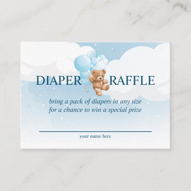 Teddy Bear with Blue Balloons Diaper Raffle Card (Front)