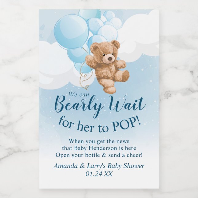 Teddy Bear with Blue Balloons Mini Wine Label (Single Label)