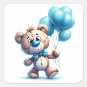 Teddy bear with blue balloons square sticker