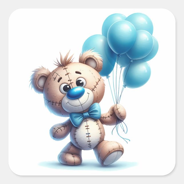 Teddy bear with blue balloons square sticker (Front)