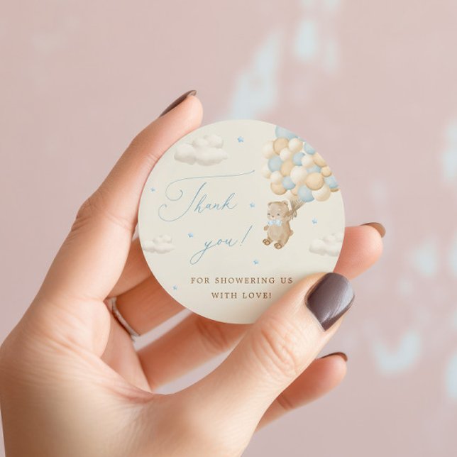 Teddy Bear with Blue Balloons Thank You Classic Round Sticker (Creator Uploaded)