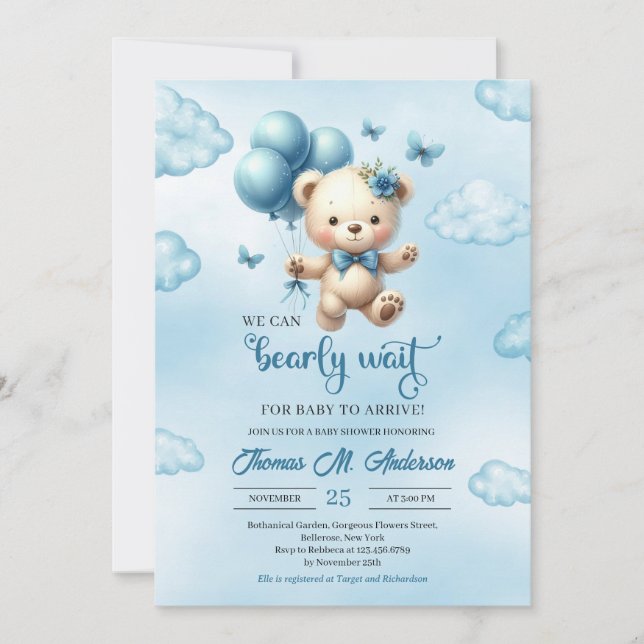 Teddy bear with blue balloons we can bearly wait invitation (Front)