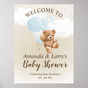 Teddy Bear with Blue Balloons Welcome Sign