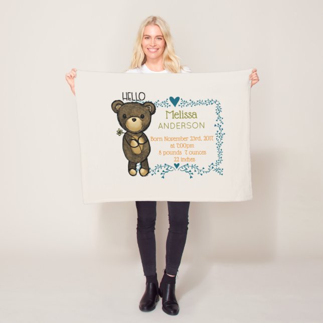 Teddy bear with Blue Floral Wreath Baby Birth Fleece Blanket (In Situ)