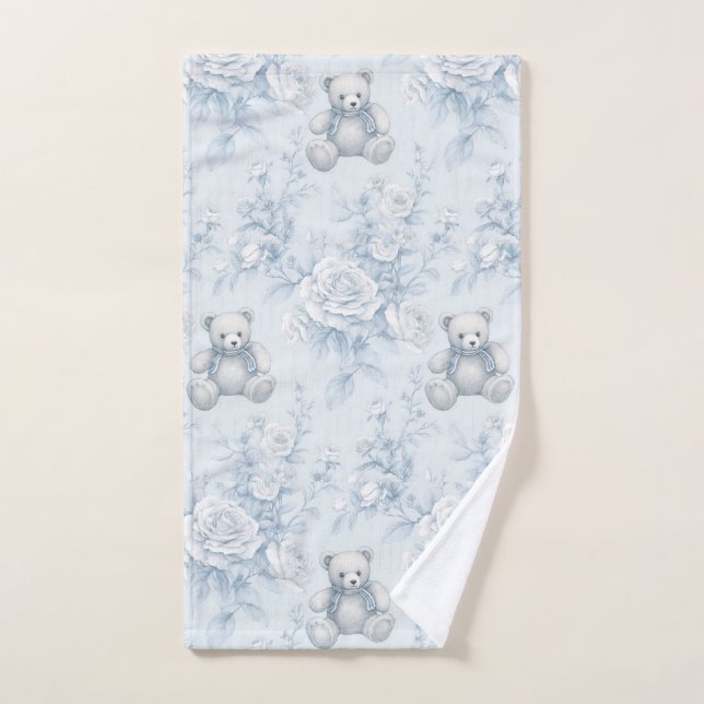 teddy bear with blue roses bath towel set (Hand Towel)