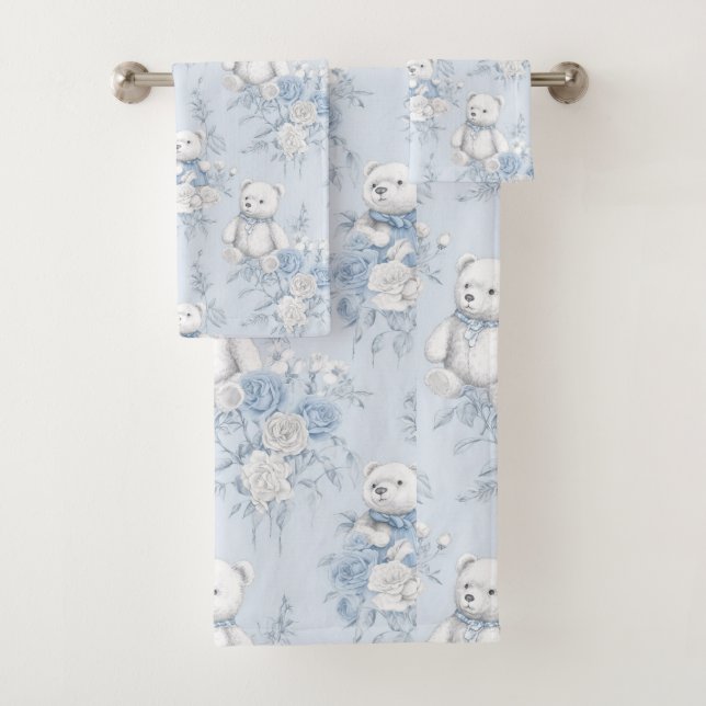 teddy bear with blue roses bath towel set (Insitu)