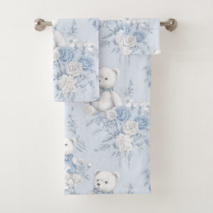 teddy bear with blue roses bath towel set