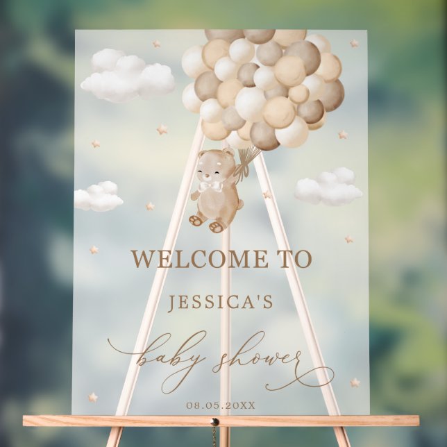 Teddy Bear with Brown Balloons Baby Shower Welcome Acrylic Sign (Neutral)