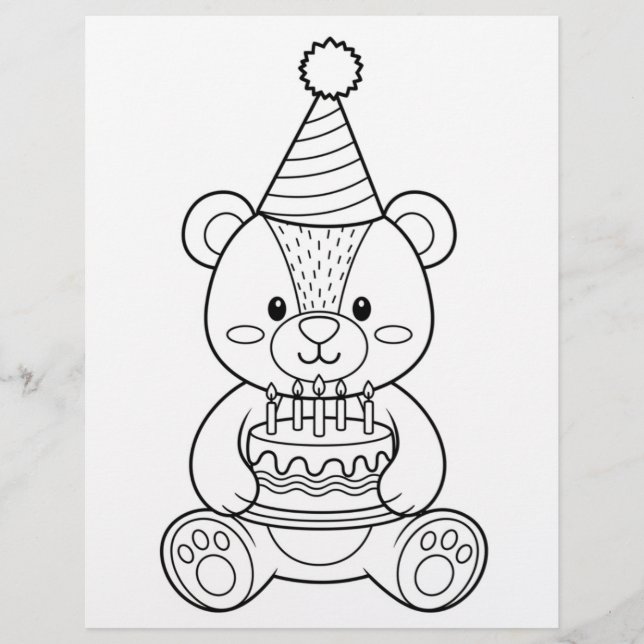 Teddy Bear with Cake Colouring Page (Front)