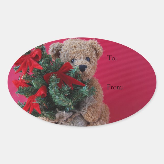 Teddy bear with Christmas tree Oval Sticker (Front)
