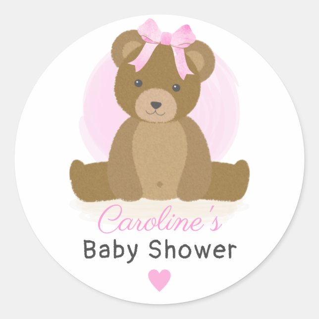 Teddy Bear with Cute Pink Bow Baby Girl Shower Classic Round Sticker (Front)