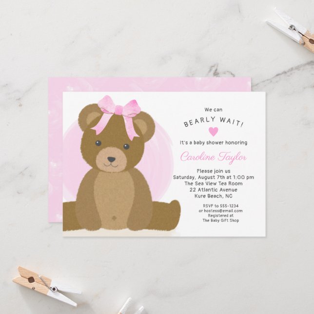Teddy Bear with Cute Pink Bow Baby Girl Shower Invitation (Front/Back In Situ)
