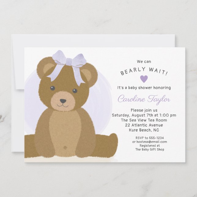 Teddy Bear with Cute Purple Bow Baby Girl Shower Invitation (Front)