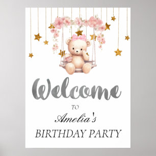 Teddy Bear with flowers birthday Welcome Sign