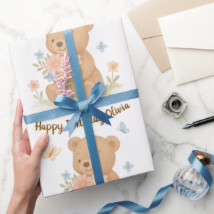 Teddy Bear with Flowers Personalised Birthday Gift Wrapping Paper