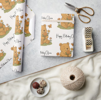 Teddy Bear with Flowers Personalised - Birthday Wrapping Paper